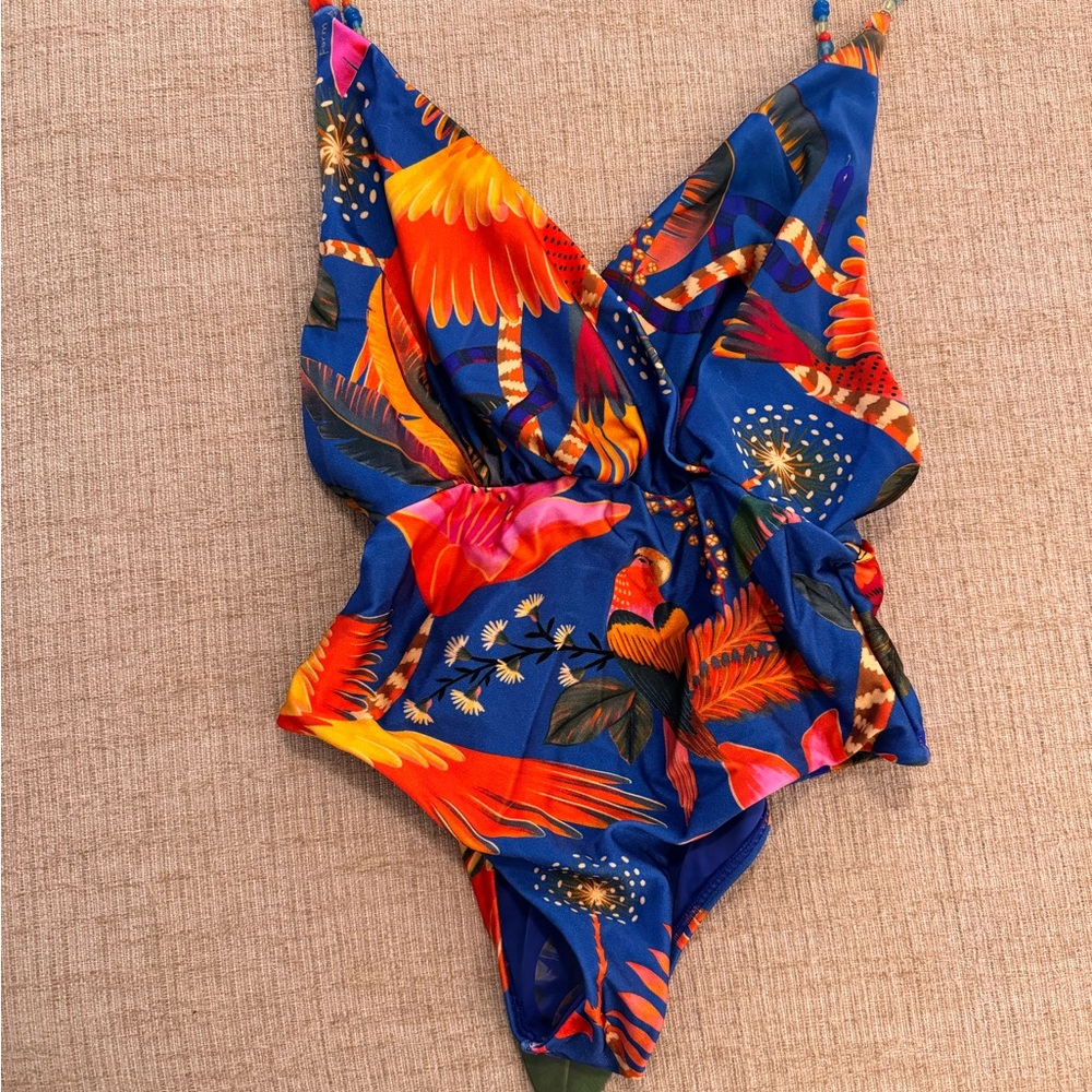 Farm Rio Macaw Party One-Piece Swimsuit size S Beaded Straps New with Tags